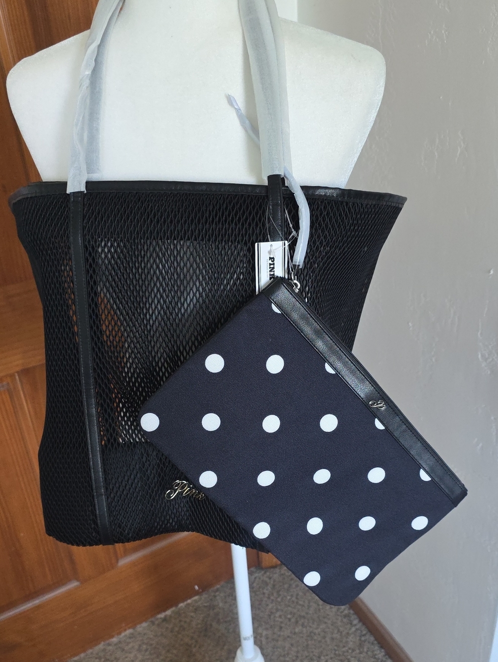 NWT PINK Black Mesh Tote W/ Wristlet Clutch